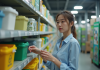 Jeune femme examine des contenants recyclables en centre de tri