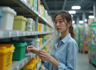 Jeune femme examine des contenants recyclables en centre de tri