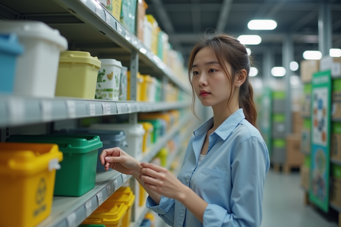 Jeune femme examine des contenants recyclables en centre de tri