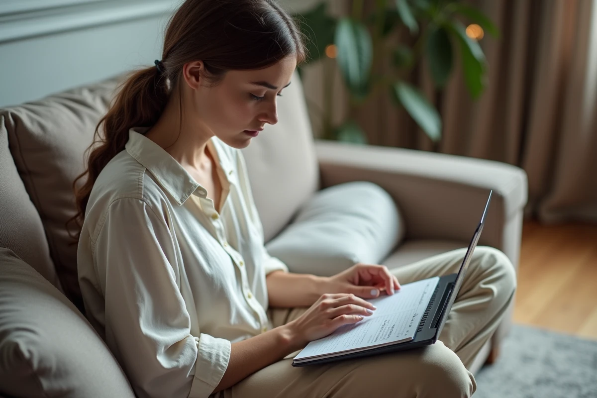 Jeune femme en télétravail saisissant ses heures de travail sur un ordinateur portable depuis son canapé avec un carnet de notes
