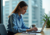 Jeune femme concentrée travaillant sur son ordinateur dans un bureau moderne
