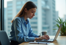 Jeune femme concentrée travaillant sur son ordinateur dans un bureau moderne