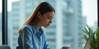 Jeune femme concentrée travaillant sur son ordinateur dans un bureau moderne