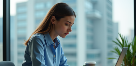 Jeune femme concentrée travaillant sur son ordinateur dans un bureau moderne