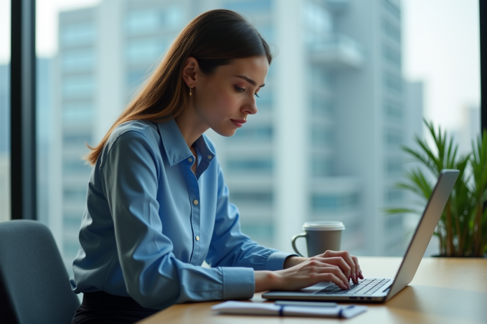 Jeune femme concentrée travaillant sur son ordinateur dans un bureau moderne