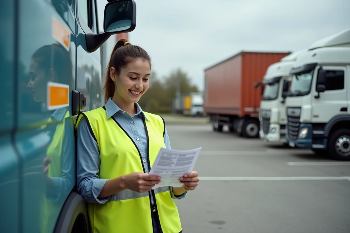 Jeune femme chauffeur de camion examinant sa fiche de paie