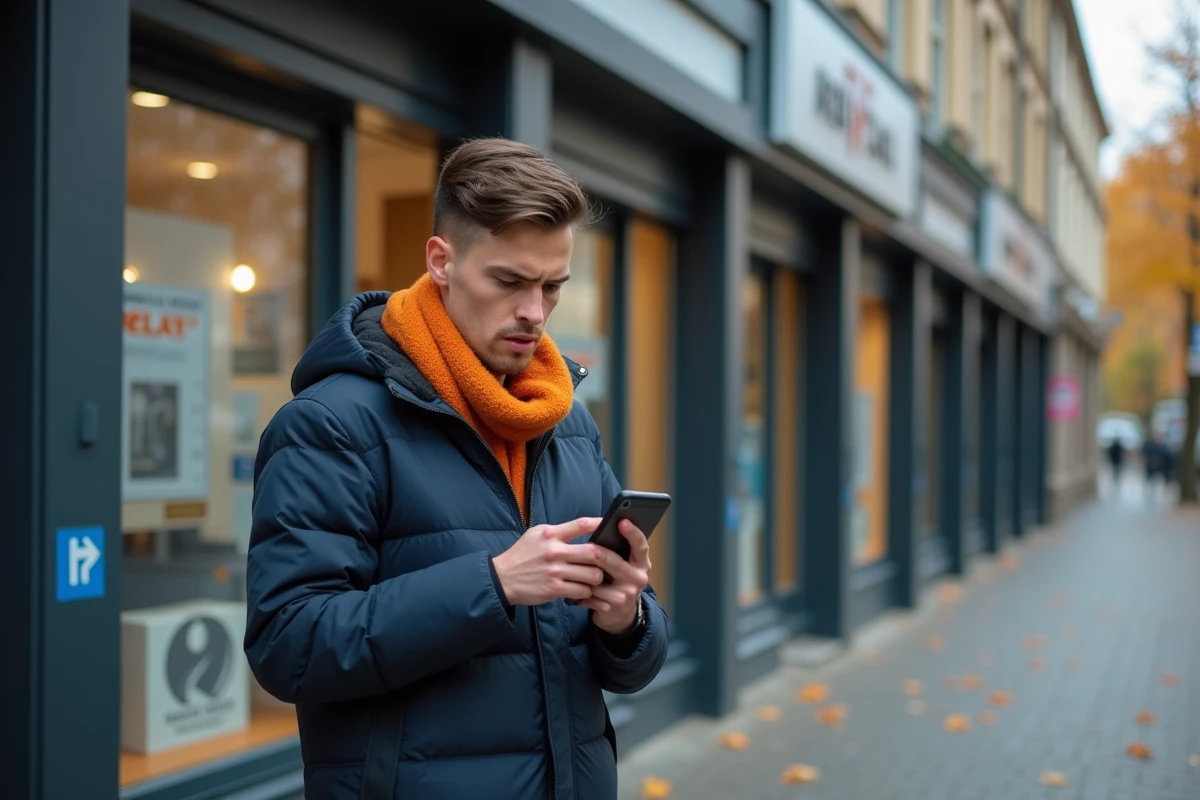 Jeune homme anxieux devant point de retrait Mondial Relay