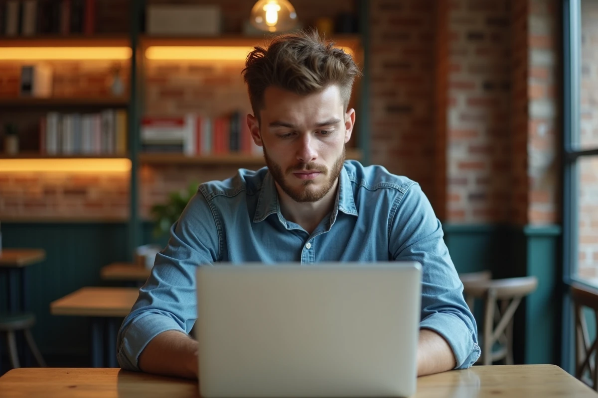 Jeune homme au café examine son ordinateur portable