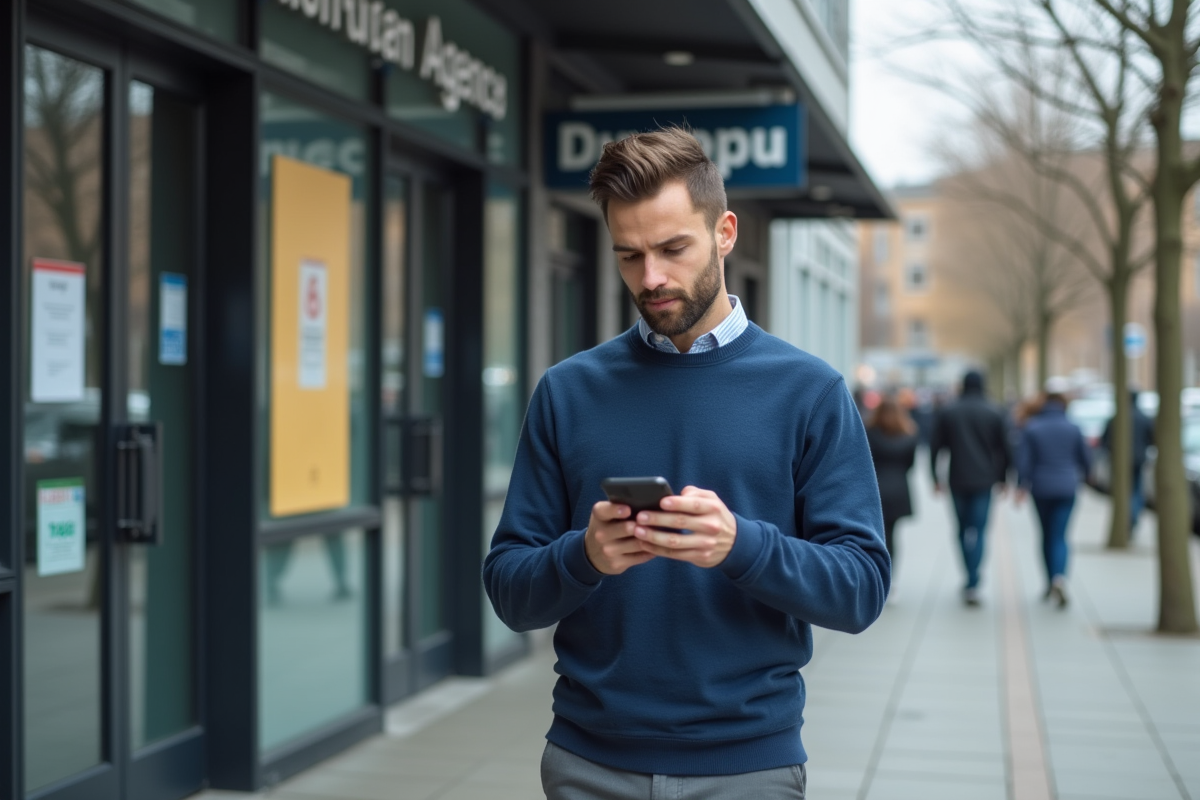 Jeune homme vérifiant son smartphone devant une agence d