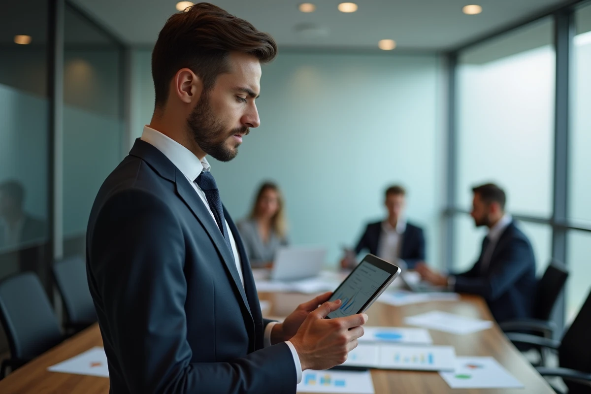 Jeune homme en costume regardant une tablette d investissement