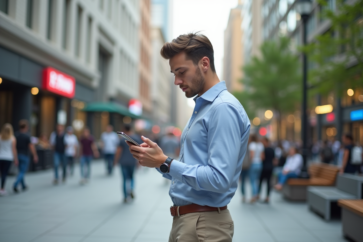 Jeune homme dans une place urbaine regardant son téléphone