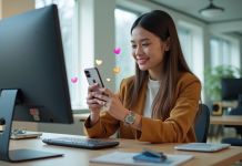 Influenceuse jeune enregistrant une video avec notifications sociales