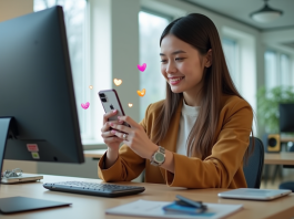 Influenceuse jeune enregistrant une video avec notifications sociales
