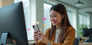 Influenceuse jeune enregistrant une video avec notifications sociales