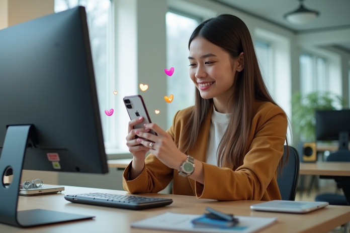 Influenceuse jeune enregistrant une video avec notifications sociales