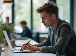 Comment optimiser son expérience d’alternance chez Nexa à Bordeaux ? Jeune professionnel au bureau à Bordeaux travaillant sur un ordinateur