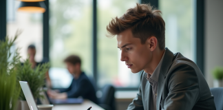 Jeune professionnel au bureau à Bordeaux travaillant sur un ordinateur