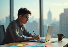 Jeune professionnel travaillant sur un ordinateur dans un bureau lumineux