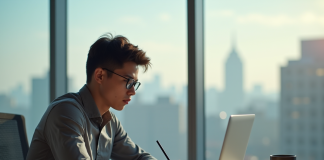 Jeune professionnel travaillant sur un ordinateur dans un bureau lumineux