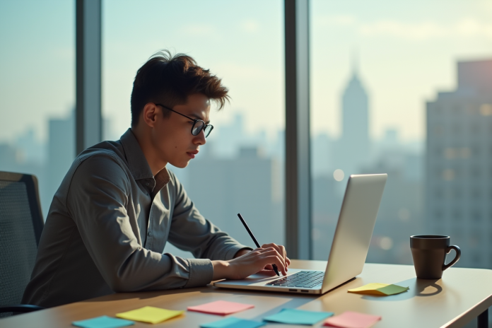 Jeune professionnel travaillant sur un ordinateur dans un bureau lumineux