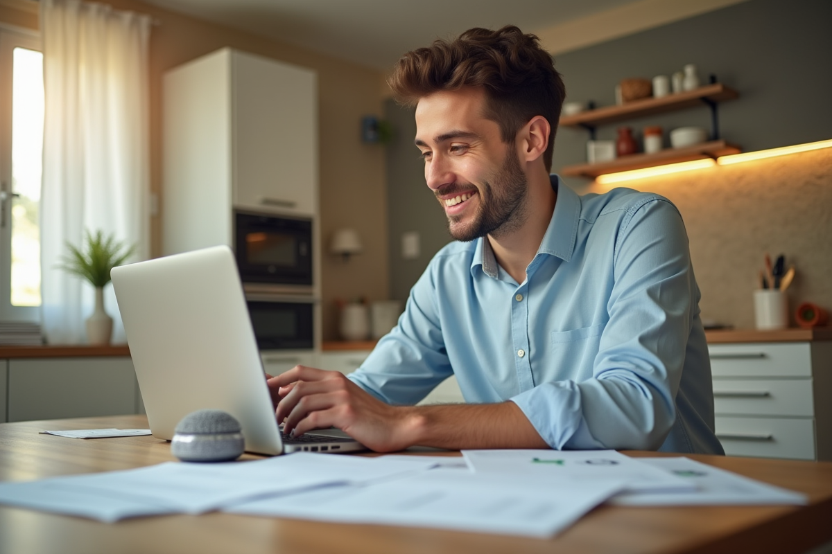 Jeune professionnel souriant vérifiant ses finances à la maison