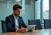 Jeune professionnel analysant des graphiques sur une tablette