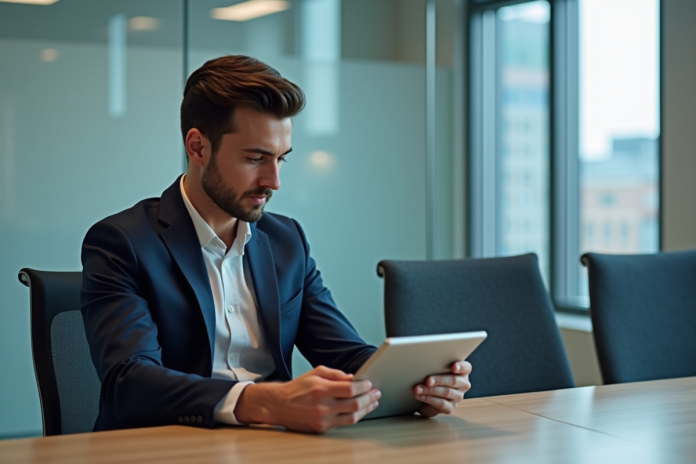 Jeune professionnel analysant des graphiques sur une tablette