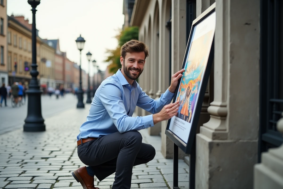 Jeune urbaniste fixant une affiche sur un panneau communautaire
