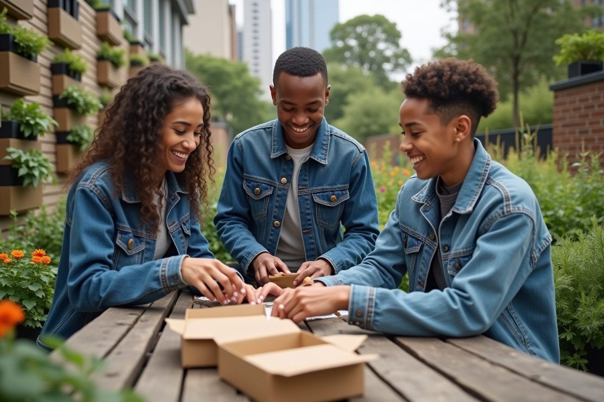Adolescents assemblant emballages compostables dans un jardin urbain