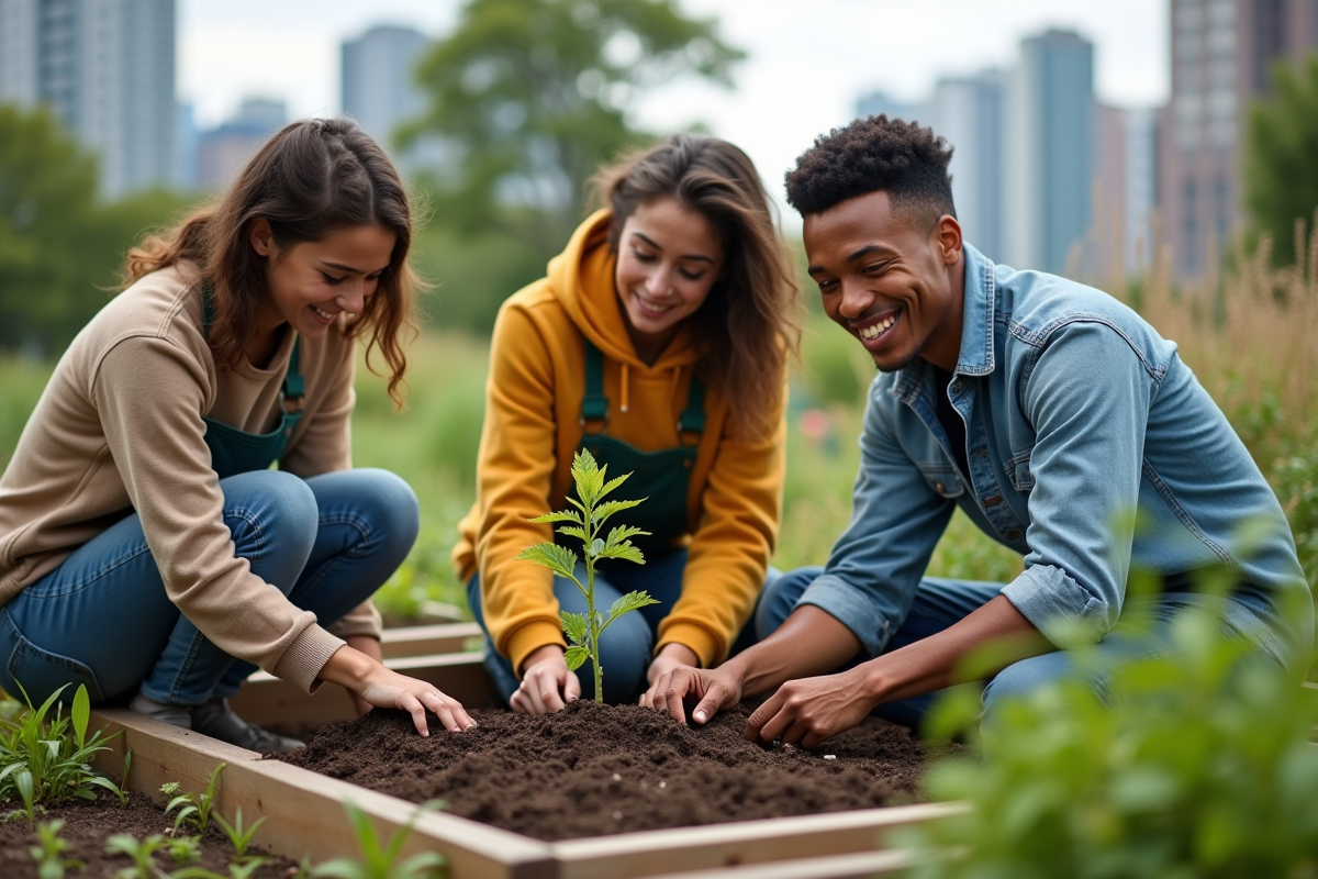 Jeunes plantant des arbres dans un jardin communautaire