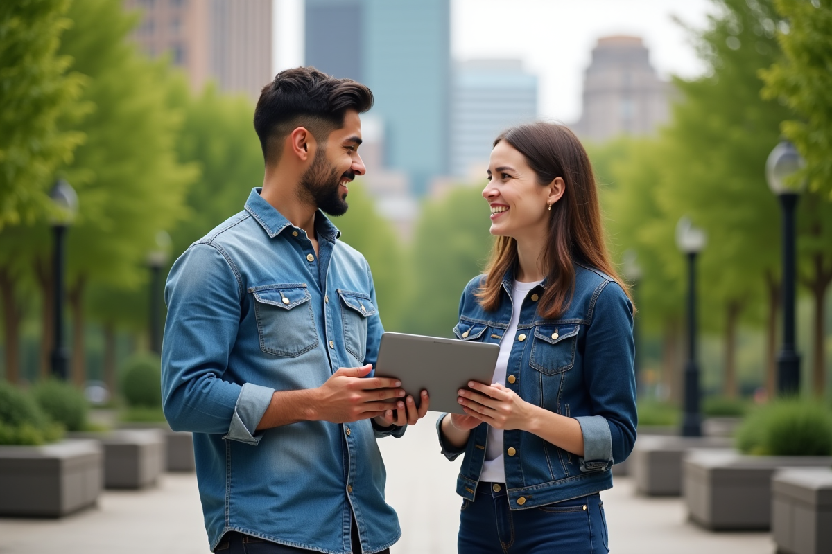 Jeunes professionnels discutant dans un parc urbain