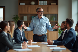 Homme d'affaires en réunion avec collègues dans un bureau lumineux