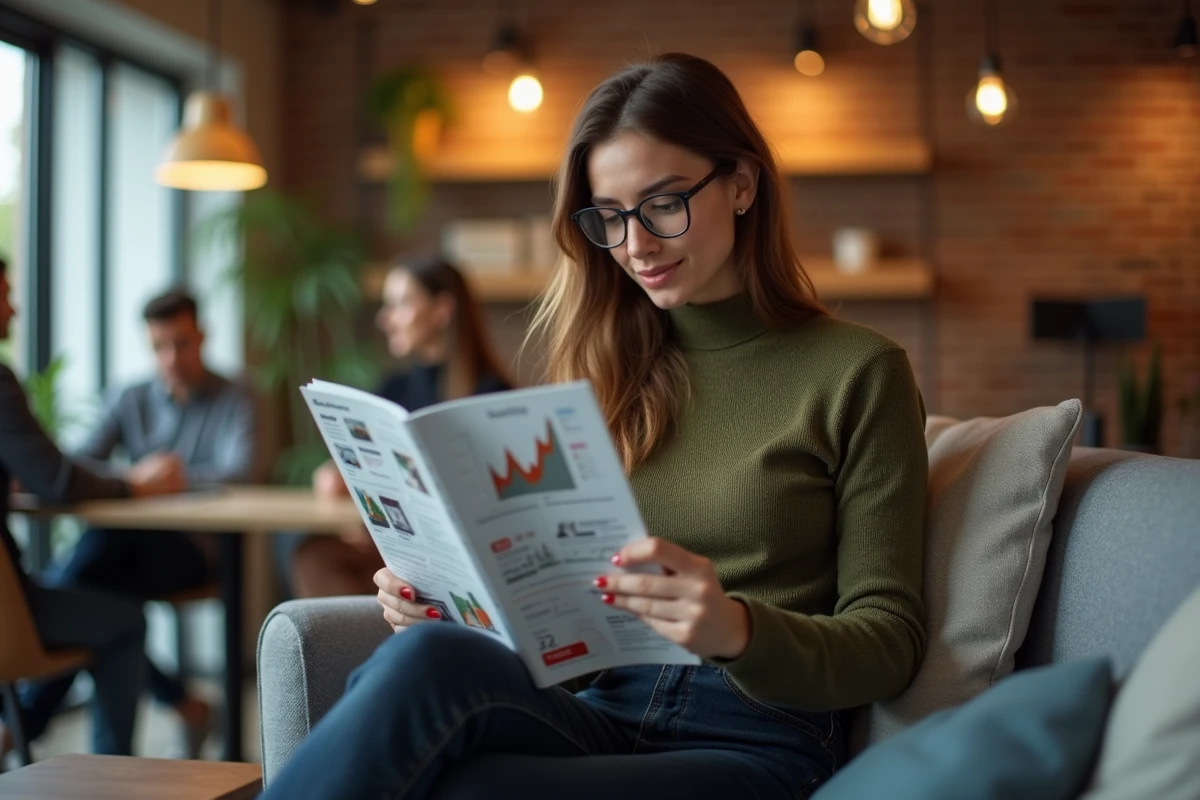 Jeune professionnelle lisant un magazine business dans un espace de coworking urbain avec laptop et contenu éditorial