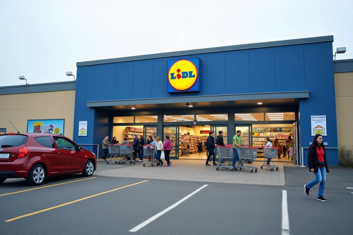 Clients sortant d'un magasin Lidl dans une zone commerciale de banlieue française avec chariots et voitures