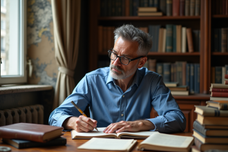 Linguiste français écrit dans un journal dans un bureau ancien