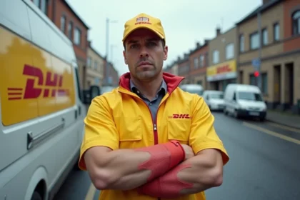 Livreur DHL en grève debout devant un camion de livraison avec un colis, illustrant les perturbations des livraisons DHL