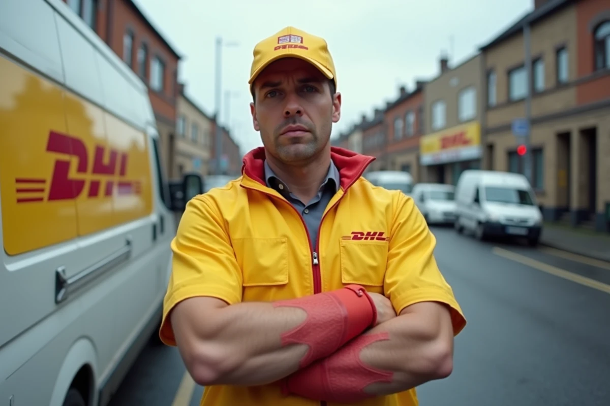 Livreur DHL en grève debout devant un camion de livraison avec un colis, illustrant les perturbations des livraisons DHL