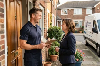 Livreur remettant un colis à une cliente satisfaite devant sa maison lors d'un avisage de livraison réussi