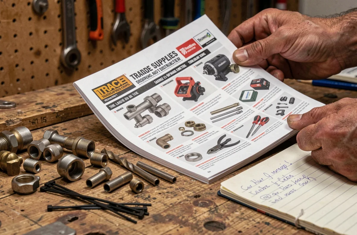 Mains d'un artisan consultant un catalogue de fournitures professionnelles avec des pièces posées sur un établi en bois