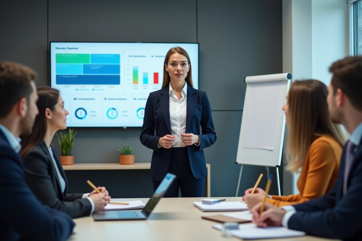 Manager femme présentant une feuille de route digitale à son équipe pour embarquer les collaborateurs dans la transformation de l'entreprise