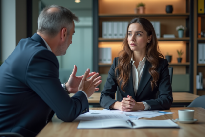 Manager en costume navy face à une salariée dans un bureau moderne
