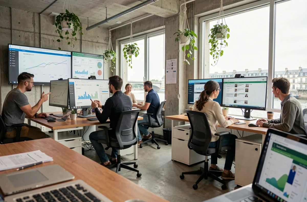 Vue d'ensemble d'une agence de marketing digital moderne en Seine-Maritime avec des professionnels collaborant sur des campagnes numériques
