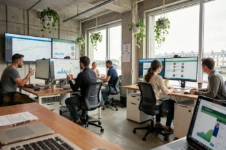 Vue d'ensemble d'une agence de marketing digital moderne en Seine-Maritime avec des professionnels collaborant sur des campagnes numériques