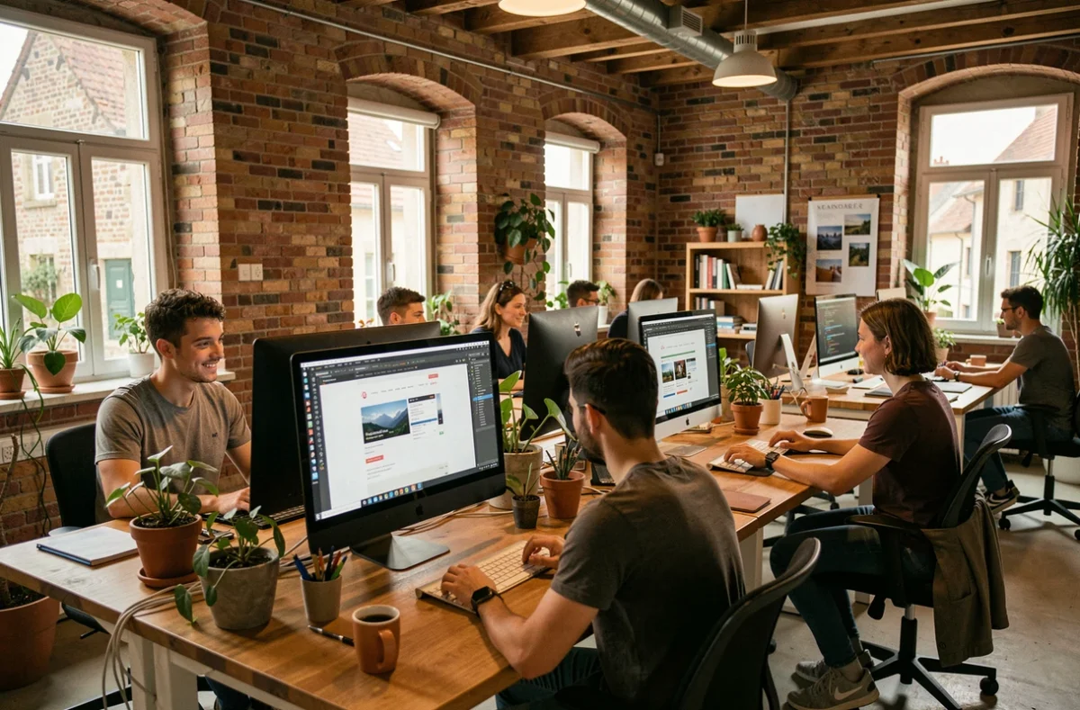 Vue d'ensemble d'une agence web moderne dans l'Allier avec des professionnels collaborant autour d'écrans affichant des maquettes de sites web