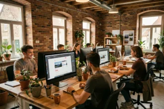 Vue d'ensemble d'une agence web moderne dans l'Allier avec des professionnels collaborant autour d'écrans affichant des maquettes de sites web