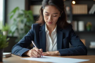 Femme professionnelle rédigeant un message de condoléances à la main dans un bureau calme