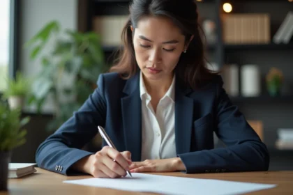 Femme professionnelle rédigeant un message de condoléances à la main dans un bureau calme