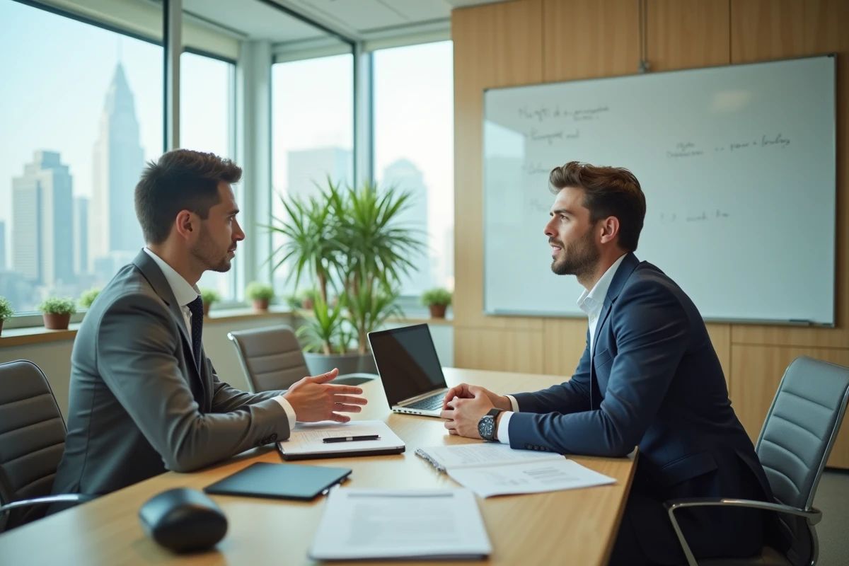 Négociation salariale entre un employé et un responsable RH dans une salle de réunion vitrée, représentant la révision de la rémunération contractuelle