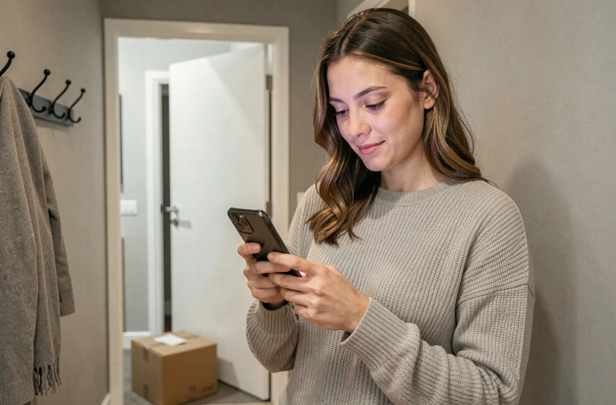 Femme recevant une notification d'avis de passage de livraison sur son smartphone dans son couloir d'appartement