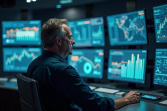 Opérateur de réseau électrique analysant des indicateurs de performance d'interchange non programmé sur des écrans de salle de contrôle